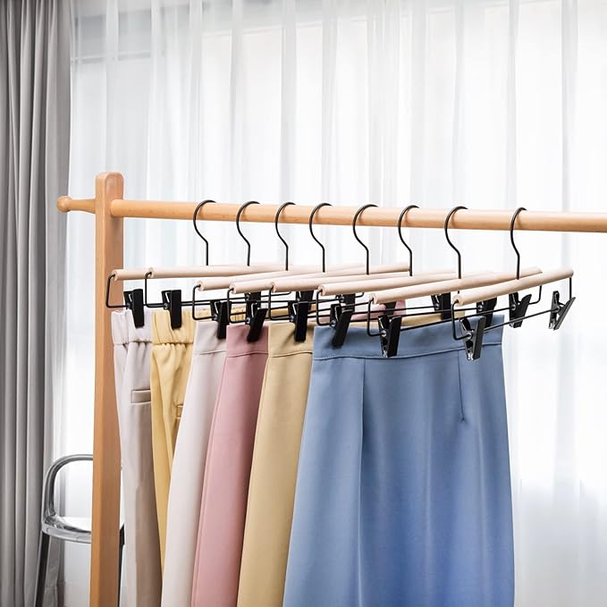 Nature Smile Beech Wooden Pants Skirt Hanger for Jeans Bottom Trousers with 2-Adjustable Black Matt Clips and Hook 10 Pack (Natural Wood+Black Metal)