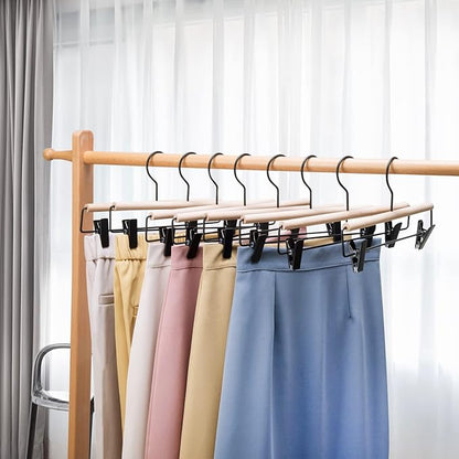 Nature Smile Beech Wooden Pants Skirt Hanger for Jeans Bottom Trousers with 2-Adjustable Black Matt Clips and Hook 10 Pack (Natural Wood+Black Metal)