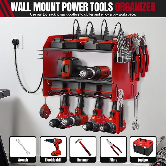 Modular Power Tool Organizer Wall Mount with Charging Station, 3-Layer Heavy Duty Drill Holder Rack & 8-Outlet Power Strip for Garage Workshop Storage