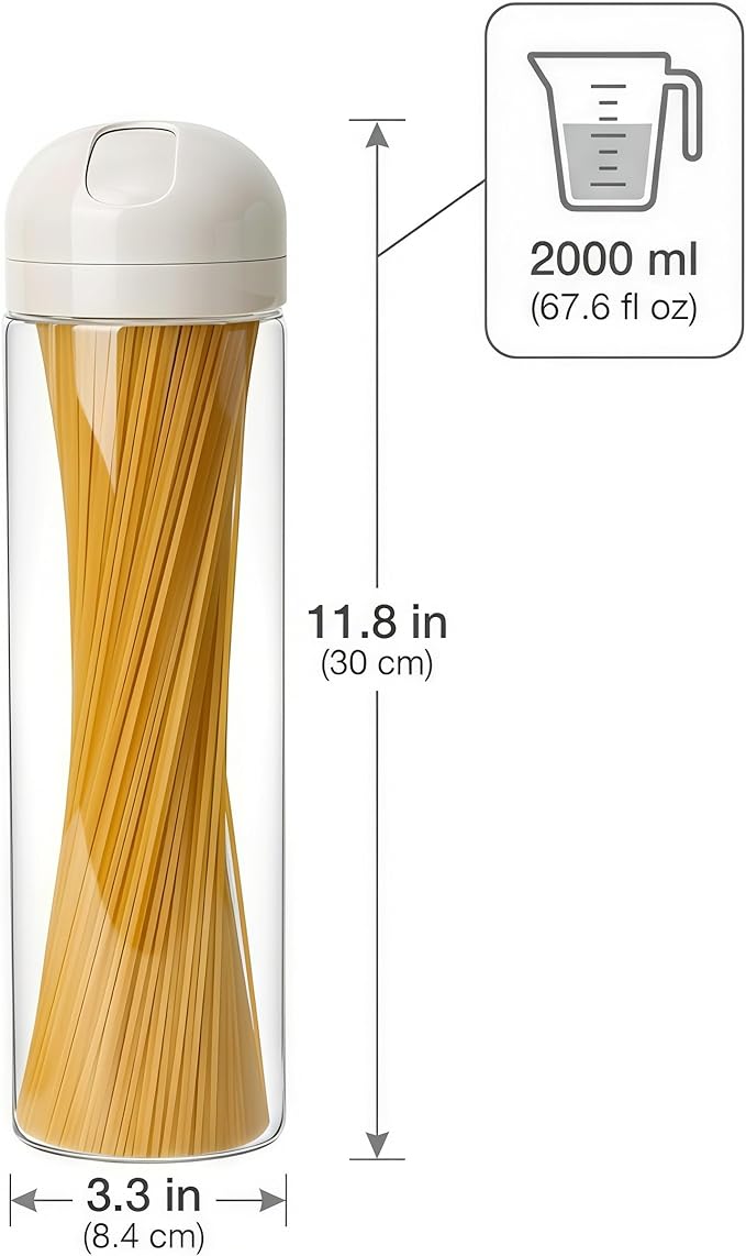 Glass Spaghetti Storage Jar with Twist & Pour Measuring Lid, 67 oz Tall Pasta Container, Borosilicate Glass Food Canister for Pantry Organization (White)