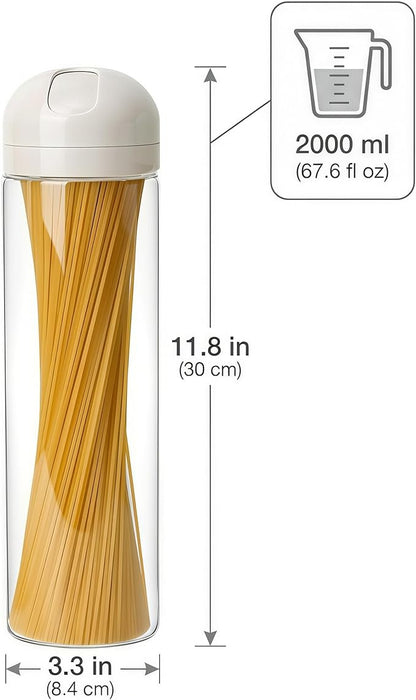 Glass Spaghetti Storage Jar with Twist & Pour Measuring Lid, 67 oz Tall Pasta Container, Borosilicate Glass Food Canister for Pantry Organization (White)