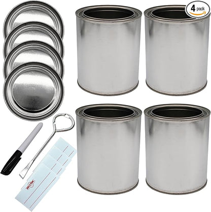 Empty Paint Cans with Lids – Quart/32 oz Unlined Containers for Paint, Solvents, Crafts & DIY, Can opener, Marker and Labels included 4 Pack