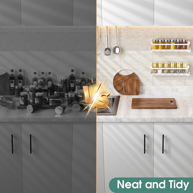 LUCYCAZ 2 Pack Wall Mounted Spice Rack with 8 Hooks, Spice Organizer Shelf for Stove Cabinet Pantry Door,Screw or Adhesive Spice Shelf Hanging Wall Spice Rack in Kitchen and RV (White, 2 PACK)