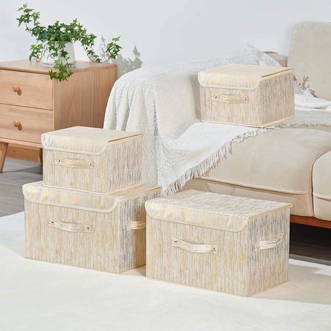 2PCS Decorative Storage Boxes with Lid Luxury Metallic Fabric Storage Bins Organizer Container Collapsible Shelf Basket with Handles for Home Bedroom Closet Office (Gold, Large Size)