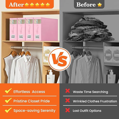WOWBOX Sheet Organizers and Storage,Closet Bed Sheet Organizer Under Bed Storage and Organization with Label Cards & Clear Window for Bedding Sheets,Duvet Covers,Blankets (6 Pack，Pink)