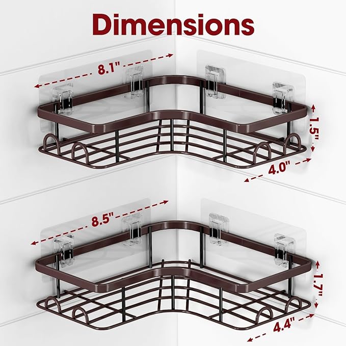 Sakugi Corner Shower Caddy - 2 Pack, Adhesive Shower Organizers, Rustproof Stainless Steel Shower Shelves with 8 Hooks, No Drilling Bathroom Organizers and Storage Racks, Space-Saving, Brown, Medium