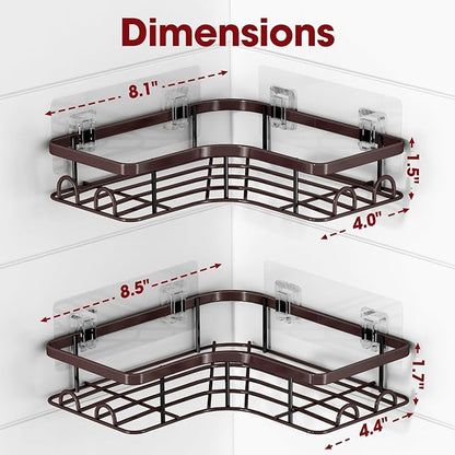 Sakugi Corner Shower Caddy - 2 Pack, Adhesive Shower Organizers, Rustproof Stainless Steel Shower Shelves with 8 Hooks, No Drilling Bathroom Organizers and Storage Racks, Space-Saving, Brown, Medium