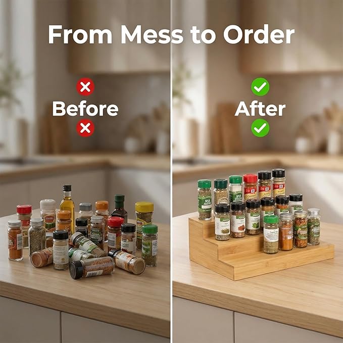 2 Pack Bamboo Spice Rack Organizer for Cabinet Wooden Spice Shelf for Kitchen Pantry Storage Organizer 3 Tier Countertop