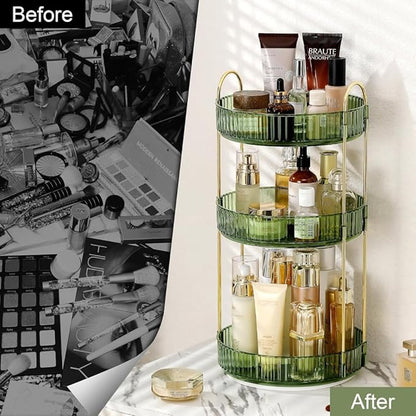 360° Rotating Makeup Organizer, 3 Tier Spinning Cosmetic Organizer for Vanity & Bathroom Countertop, Holds Tall Skincare Bottles, Perfume & Beauty Accessories – Clear Green
