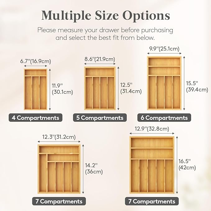 Lifewit Silverware Drawer Organizer, Utensil Tray for Kitchen, Flatware and Cutlery Holder, Storage for Spoons Forks Knives, 6.7 x 12", Natural