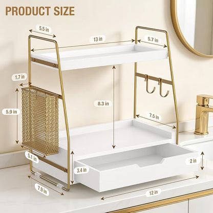 2-Tier Bathroom Counter Organizer with Drawer & Removable Basket, Wood & Metal Vanity Organizer for Skincare, Makeup, Perfume, Toiletries, Small Bathroom Counter Shelf, 13'' White Gold