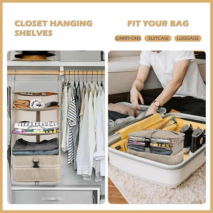 Surblue Hanging Closet Storage Bag Collapsible 3-Shelf Washable Oxford Fabric with 2 Hooks (L 11.41 * 11.41 * 19.68in, Beige)
