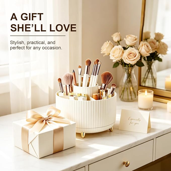 Makeup Brush Holder, Makeup Brush Organizer Countertop, Skincare Makeup Cosmetic Perfume Organizer Storage Box Case for Vanity Bathroom Countertop(Beige)