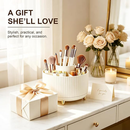 Makeup Brush Holder, Makeup Brush Organizer Countertop, Skincare Makeup Cosmetic Perfume Organizer Storage Box Case for Vanity Bathroom Countertop(Beige)