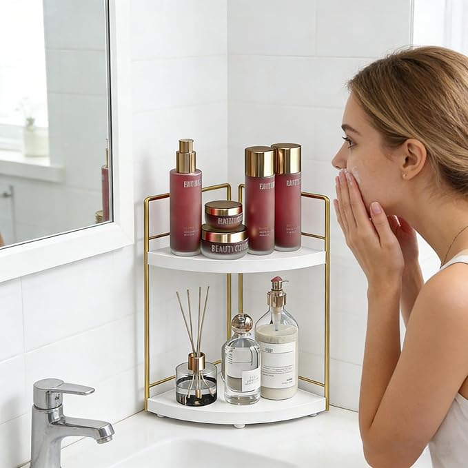 Bathroom Countertop Organizer, 2 Tier Wood Bathroom Counter Organizer, Vanity Organizers Corner Shelf for Makeup, Perfume, Skincare,Bedroom and Kitchen Storage (2 Tier,White and Gold)