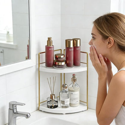 Bathroom Countertop Organizer, 2 Tier Wood Bathroom Counter Organizer, Vanity Organizers Corner Shelf for Makeup, Perfume, Skincare,Bedroom and Kitchen Storage (2 Tier,White and Gold)