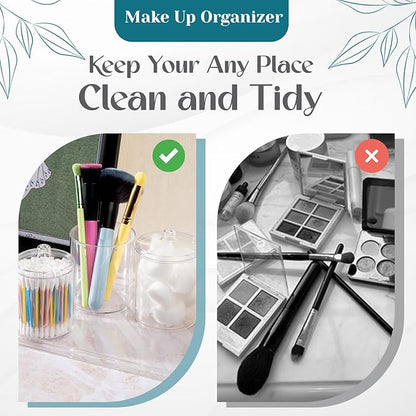 Qtip Holder Set, 4 Pack Clear Plastic Apothecary Jars with Lids for Cotton Swabs, Cotton Balls & Bathroom Vanity Organizer