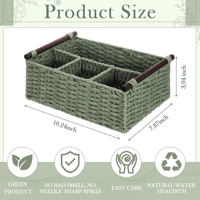 Remerry Sage Green Bathroom Countertop Organizer Caddy, Wicker-Like Divided Basket with Handle and Metal Frame, 4 Compartment, Paper Rope Storage Organizer for Vanity Kitchen (10.24 x 7.87 x 3.94 in)