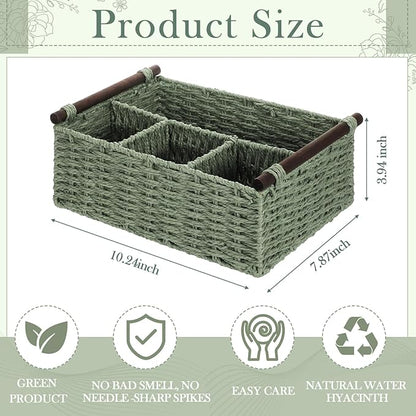Remerry Sage Green Bathroom Countertop Organizer Caddy, Wicker-Like Divided Basket with Handle and Metal Frame, 4 Compartment, Paper Rope Storage Organizer for Vanity Kitchen (10.24 x 7.87 x 3.94 in)