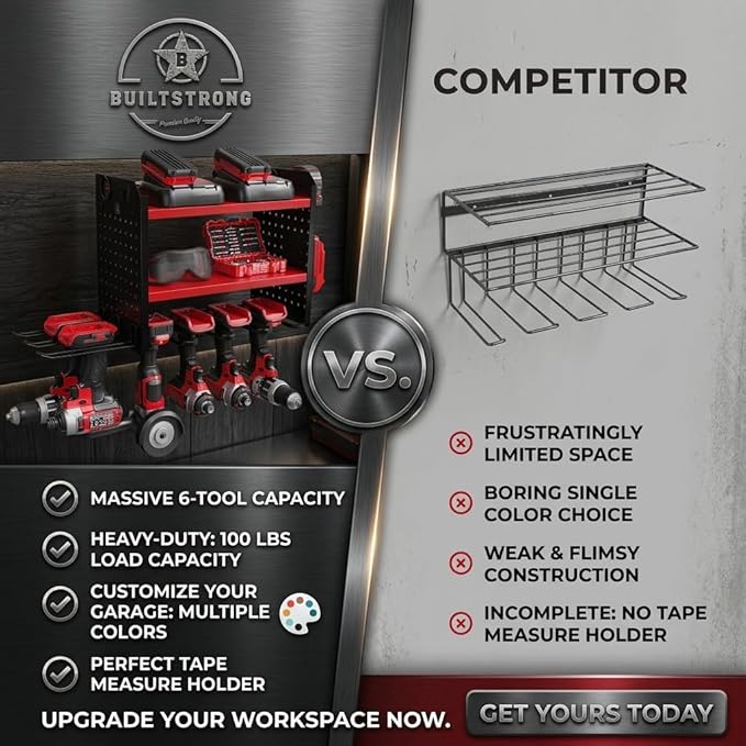 BUILTSTRONG Power Tool Organizer Wall Mount – 3-Tier Heavy-Duty Steel Rack, 6 Drill Slots, Dual Pegboard Sides, Side-by-Side Modular, 100 lb Capacity – Garage & Workshop (Red)