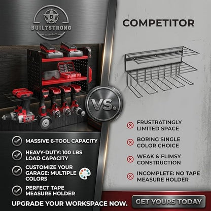 BUILTSTRONG Power Tool Organizer Wall Mount – 3-Tier Heavy-Duty Steel Rack, 6 Drill Slots, Dual Pegboard Sides, Side-by-Side Modular, 100 lb Capacity – Garage & Workshop (Red)
