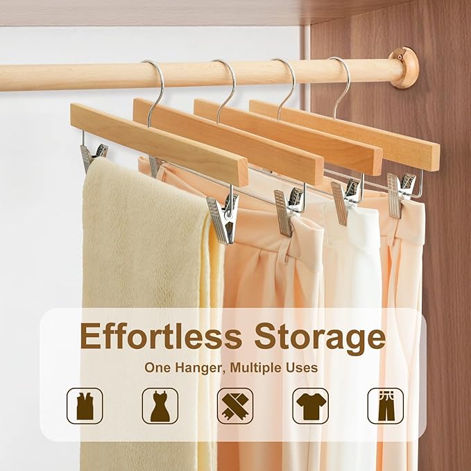 BAGAIL 20 Pack Wooden Pants Hangers with Adjustable Clips, 360°Swivel Hook Space Saving Skirt Holders with Anti-Rust Clips for Trousers, Jeans, Shorts (Natural)