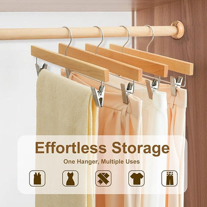 BAGAIL 10 Pack Wooden Pants Hangers with Adjustable Clips, 360°Swivel Hook Space Saving Skirt Holders with Anti-Rust Clips for Trousers, Jeans, Shorts (Natural)