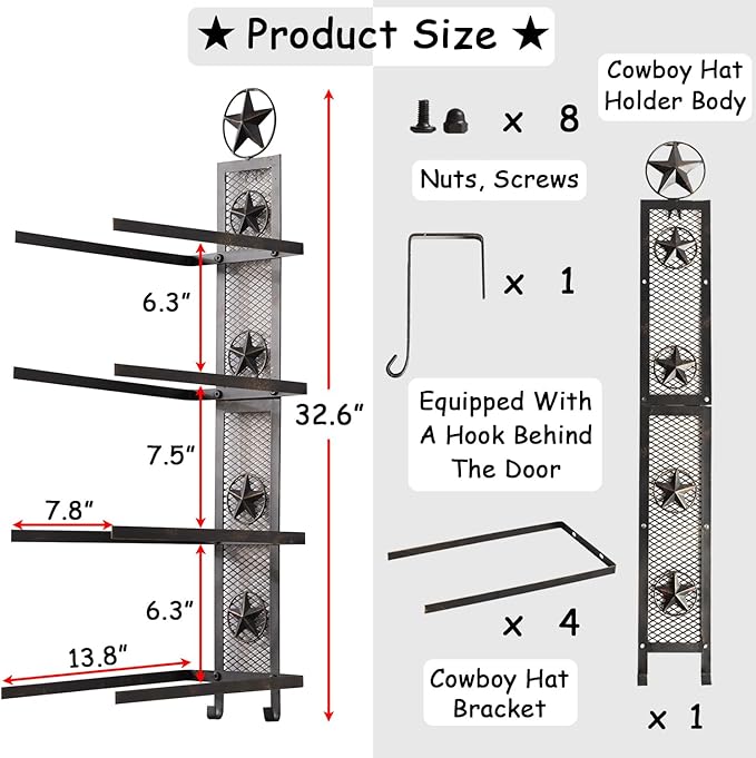 Cowboy Hat Rack for Wall, Metal Star Cowboy Hat Holder for 4 Hats, Vertical Western Hat Rack Wall Mount, Rustic Wall Hanging Decorative Hat Hanger with Hook