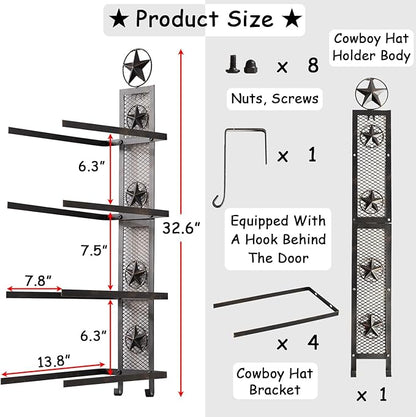 Cowboy Hat Rack for Wall, Metal Star Cowboy Hat Holder for 4 Hats, Vertical Western Hat Rack Wall Mount, Rustic Wall Hanging Decorative Hat Hanger with Hook