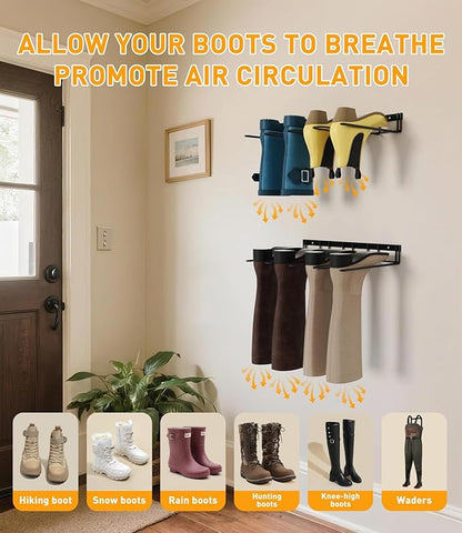 Boot Rack Wader Hanger Wall Mounted- (4 Pair) Sturdy Metal Boot Organizer, Tall Shoe Holder for Closet, Entryway, Indoor, Garage