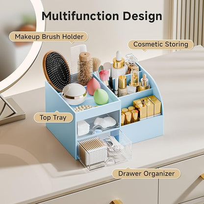 Makeup Organizer with 2 Drawers, Makeup Organizers Countertop for Vanity and Bathroom, Make up organization and Skincare Storage with Brush Holder, for Dresser, Desktop, Cosmetic Display Case (Blue)