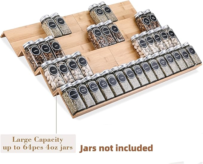 Mulush Bamboo Spice Rack Tray - Spice Drawer Organizer for Kitchen Cabinets Storage and Organization (Jars Not Included, 8 Individual Pieces, Not Adjustable)