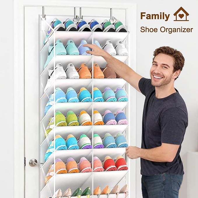 UVIAHOMI 20-30 Pairs Over the Door Shoe Organizer, Clear Pockets Hanging Shoe Storage for Closet, 10-Tier Door Shoes Rack, Handing Shoes Holder Fit All the Family's Sneakers, Boots, Heels, White