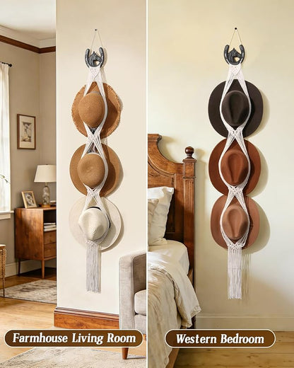 Macrame Wall Hat Rack Boho Hat Organizer Wall Mount with Cast Iron Horsehead Hanger Western Hat Holder for Women Wide Brimmed Fedora Straw Cowboy Hats Storage Back of Door Decorative Display