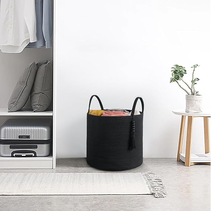 Mkono Woven Storage Basket Decorative Natural Rope Basket Wooden Bead Decoration for Blankets,Toys,Clothes,Shoes,Plant Organizer Bin with Handles Living Room Home Decor, 16" W×13.8" L, Black