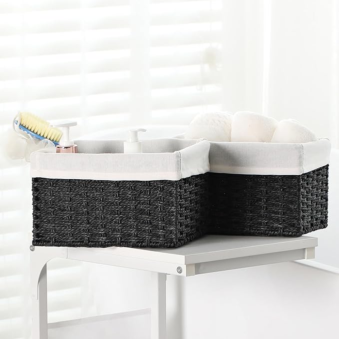 Vagusicc Storage Basket, 3-Pack Woven Paper Rope Wicker Baskets for Storage with Handles, 15 Inches Large Cube Storage Bins Woven Storage Baskets with Liners for Shelves Organizing & Decor, Black