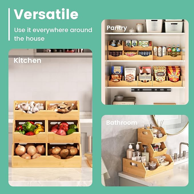 Onion Storage Bins Potato, 3 Tier Bamboo Pantry Storage Bin Stackable Ventilated Kitchen Organizer for Pantry, Countertop, Bathroom, Space-Saving, Easy Access Handle Natural Brown(Assembly Required)