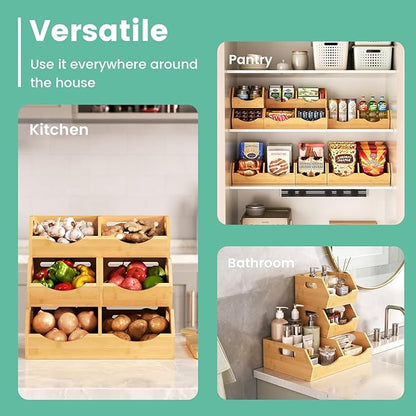 Onion Storage Bins Potato, 3 Tier Bamboo Pantry Storage Bin Stackable Ventilated Kitchen Organizer for Pantry, Countertop, Bathroom, Space-Saving, Easy Access Handle Natural Brown(Assembly Required)