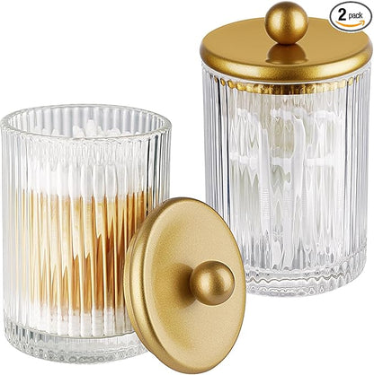 SheeChung 2-Pack Gold Ribbed Glass Qtip Holder - Apothecary Jars Bathroom Organizer with Metal Lids - Countertop Vanity Canister Set for Cotton Swabs, Rounds, Floss Picks-Modern Luxury Decor