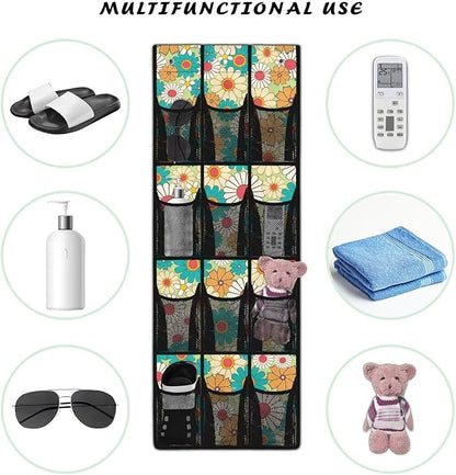 Hippie Flower Over the Door Shoe Organizer 12 Large Mesh Pockets Sturdy Oxford Door Shoe Organizer Hanging Shoe Rack for Closet Shoe Holder
