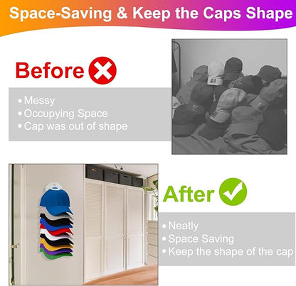 Hat Organizer for Baseball Caps, 2 Pack Hat Rack for Wall, Wall Mounted Adhesive Cap Rack, Hat Holder Hanger Hold Up to 20 Cap, Baseball Hat Storage Organizer for Door, Closet, Bedroom (White)