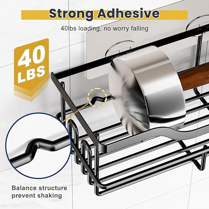 OMAIRA 3-Pack Shower Caddy with Soap Holder, Adhesive Rustproof No-drill Strudy Loading Inside Shower Organizer Shelves Rack Storage Bathroom Organization for Smooth Wall Glass Tile, Black (Large)