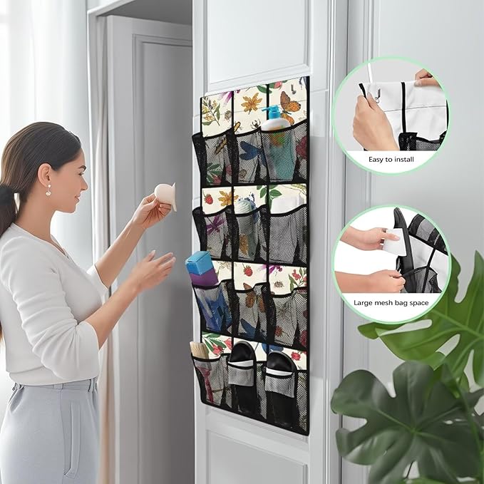 Butterfly Dragonfly Over The Door Shoe Organizer,12 Mesh Pockets Hanging Storage Shoe Rack,Hanger Storage Organizer for Closet,Classroom Headphone Storage,Over Door Organizer