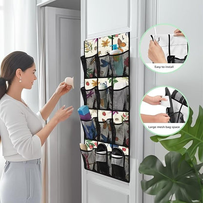 Butterfly Dragonfly Over The Door Shoe Organizer,12 Mesh Pockets Hanging Storage Shoe Rack,Hanger Storage Organizer for Closet,Classroom Headphone Storage,Over Door Organizer