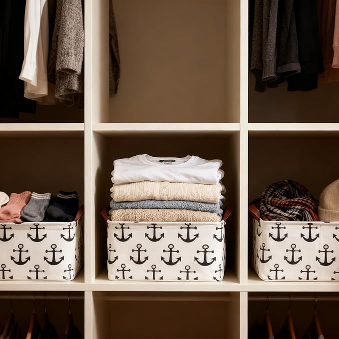 Collapsible Storage Basket with Handles, Waterproof Foldable Organizer Bin 15x10x9 Inches, Nautical Anchor Decor for Toys, Shelves, Home