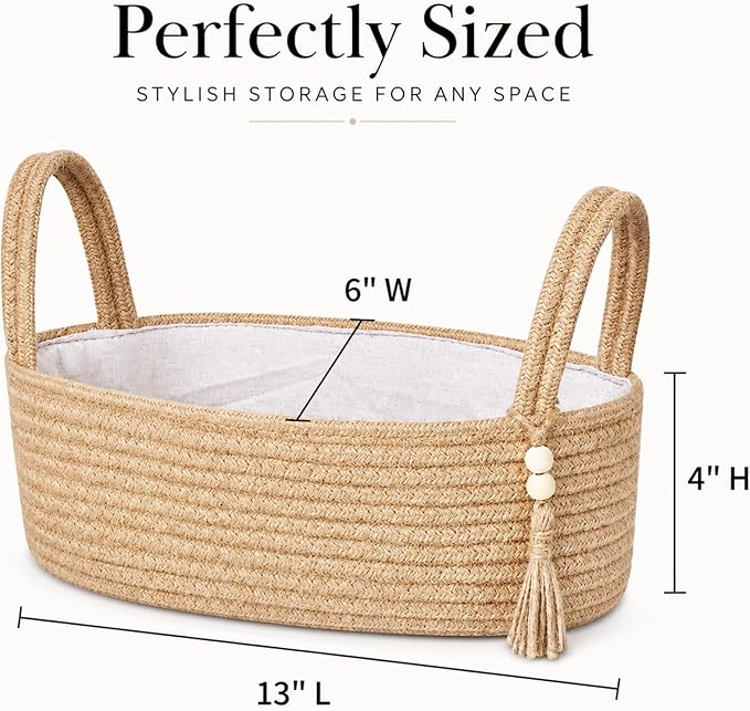 ABenkle Small Storage Basket, Jute Rope Woven Toilet Paper Tray Organizer for Toilet Tank Top, Boho Bathroom Decor Holder for Shelf Bedroom Living Room -13x6x4 Inches