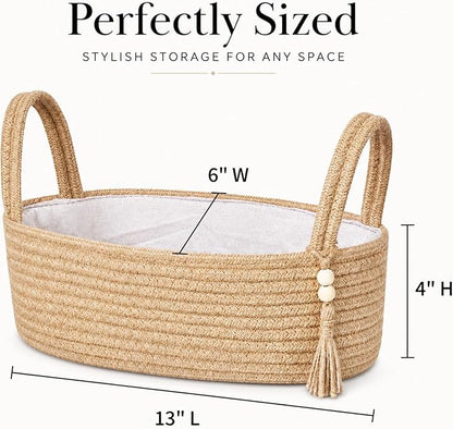 ABenkle Small Storage Basket, Jute Rope Woven Toilet Paper Tray Organizer for Toilet Tank Top, Boho Bathroom Decor Holder for Shelf Bedroom Living Room -13x6x4 Inches