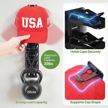 2 Pack Hat Organizer for Baseball Caps, Each Holds 18 Hats (36 Total), Customizable Wall Hat Rack, Adhesive or Screw-in Installation, Space-Saving Cap Holder for Closet & Door,Black