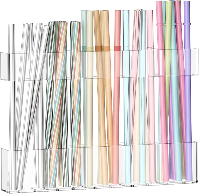 9.5 Inch Cabinet Door Acrylic Straw Holder with Double-Sided Tape, Kitchen Countertop Cabinet Storage Box for Organizing Straws (Transparent)