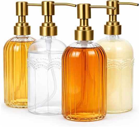 Coffee Syrup Dispenser Set of 4, 13.5 oz (400ml) Glass Bottles with Antique Bronze Stainless Steel Pump, Coffee Bar Syrup Pump Dispensers with Funnel, Cleaning Tools & Tags